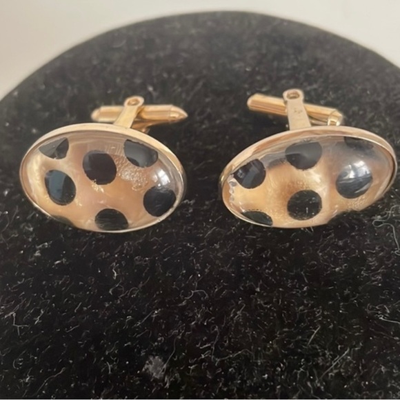 1954-1960s gold tone oval shaped almond Mother-of-Pearl/onyx cuff links - Picture 5 of 13